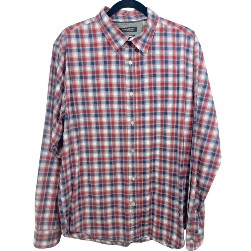 Banana Republic Men's Custom 078 Wash Shirt Camden Fit Red Blue Plaid Size Large